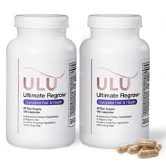 ULULIFE Ultimate Regrow bottle supports hair, skin, and nails health.