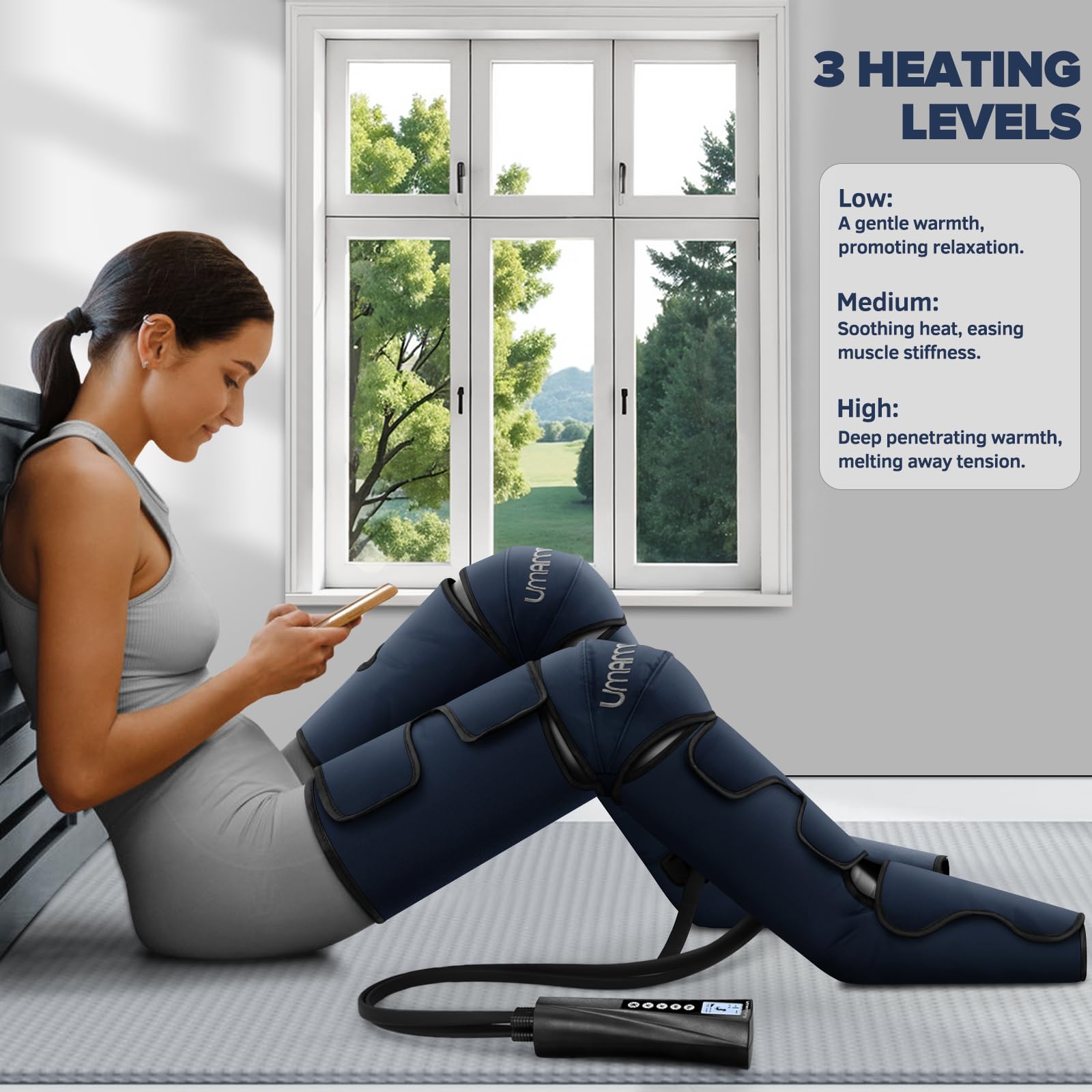 UMARMUNG leg massager heat settings graphic illustrating temperature options