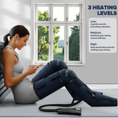 UMARMUNG leg massager heat settings graphic illustrating temperature options