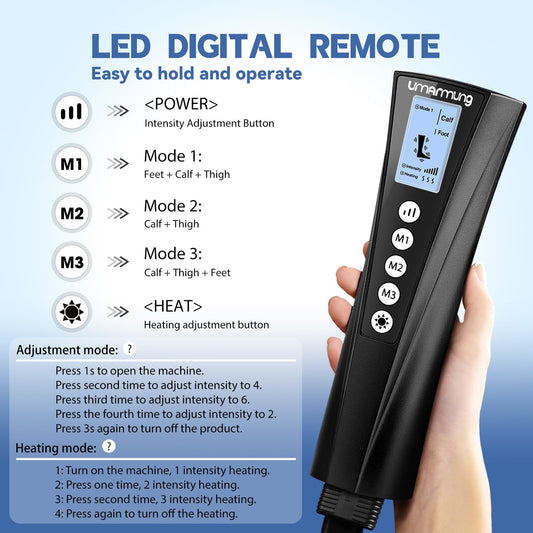 UMARMUNG leg massager handheld controller with customizable settings for personalized comfort