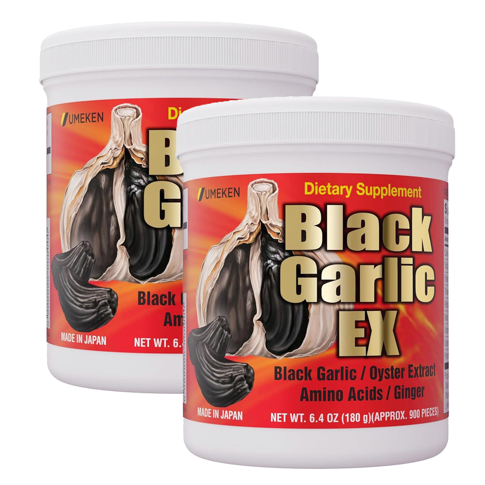 Umeken Black Garlic EX bottle close-up highlights the fermented formula for daily antioxidant support.