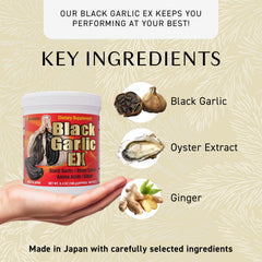 Umeken Black Garlic EX ingredients image features Vitamin B, Allicin, amino acids.