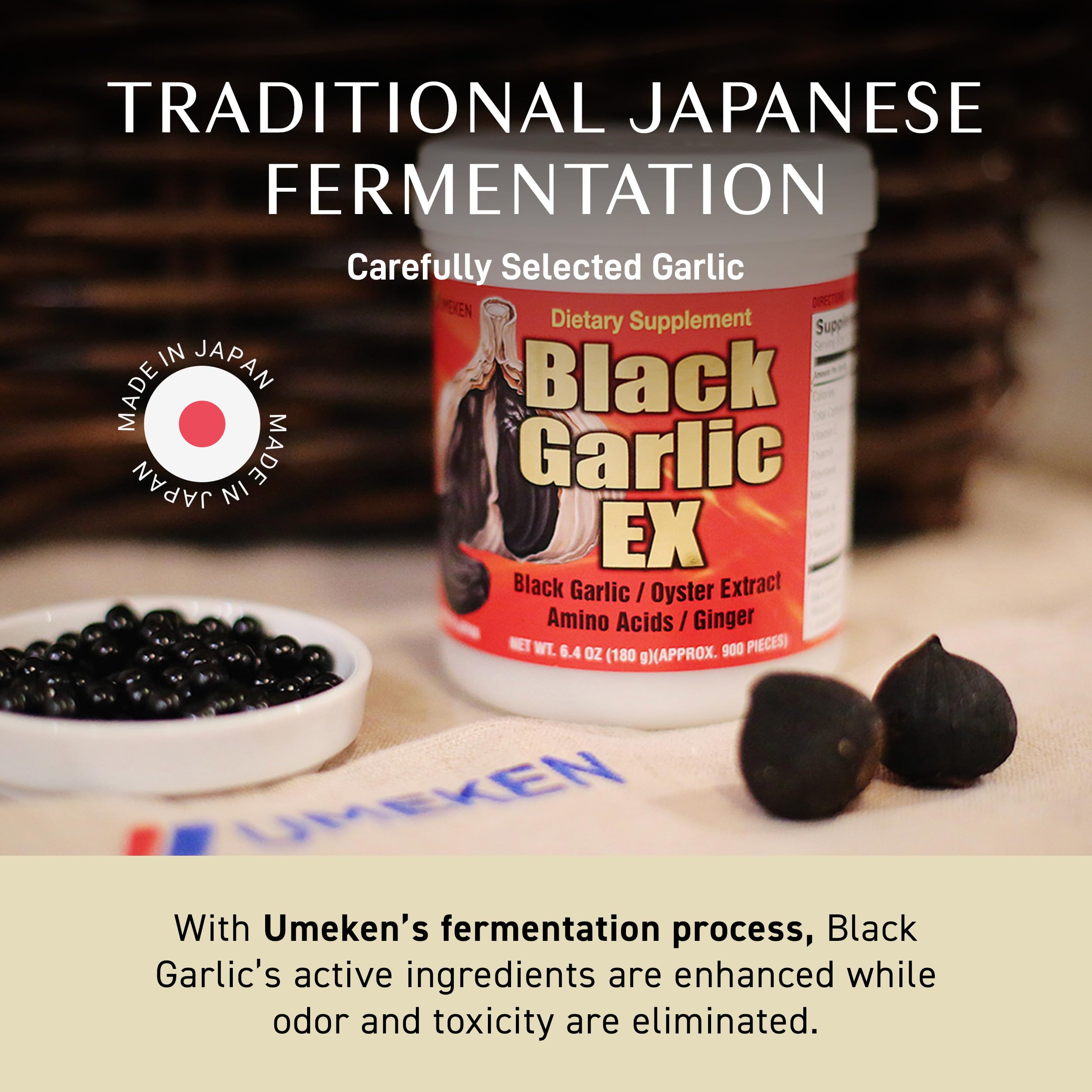 Umeken Black Garlic EX serving pieces highlight easy-to-take tablets with water.