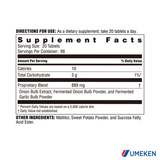 Close-up of Umeken Black Onion tablets, high-potency extract.