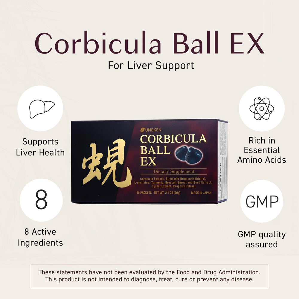 Umeken Corbicula Ball EX packets on counter for daily dose