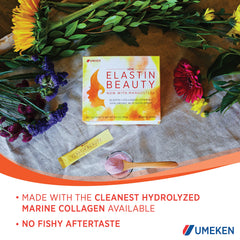 Umeken Elastin Beauty Powder bottle showcases premium skincare supplement