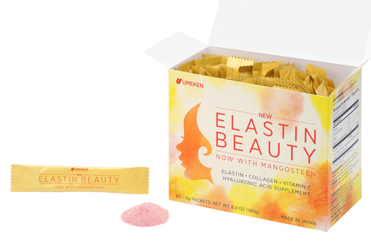 Umeken Elastin Beauty Powder being poured into a glass for easy daily use