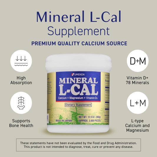 Umeken Mineral L-Cal calcium ball pills close-up, easy-to-swallow daily supplement.