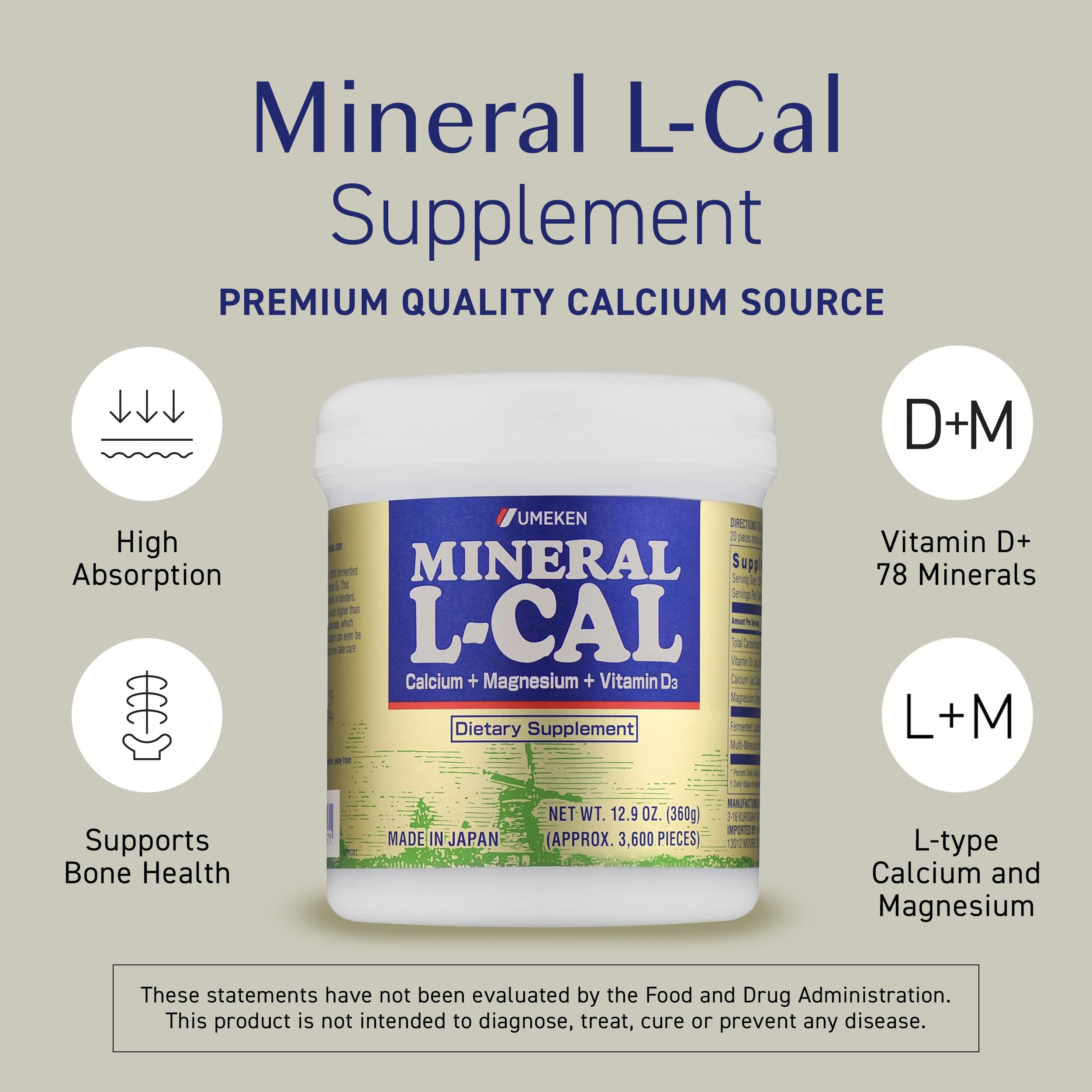Umeken Mineral L-Cal packaging shows 3,600 balls for six months.