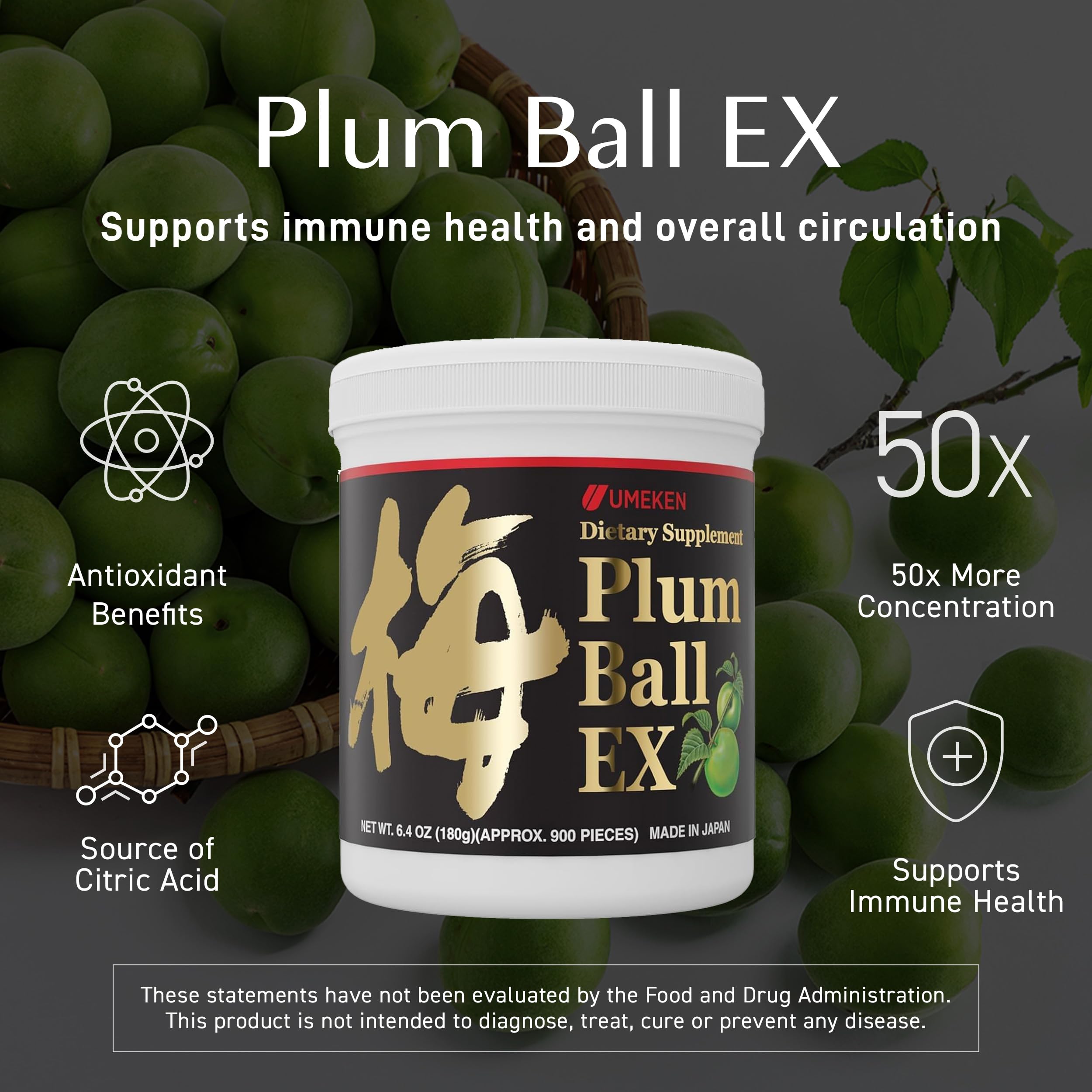 Umeken Plum Ball EX amber bottle close-up showcasing plums and natural ingredients