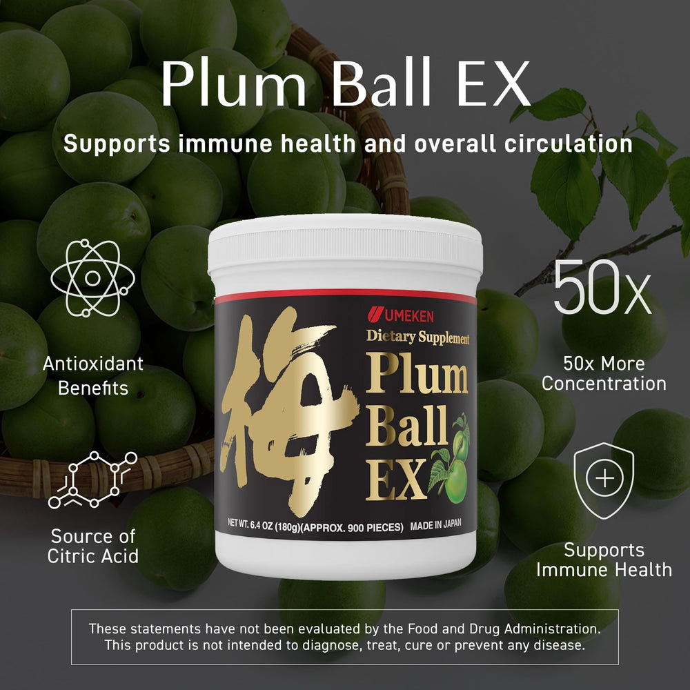 Umeken Plum Ball EX amber bottle close-up showcasing plums and natural ingredients