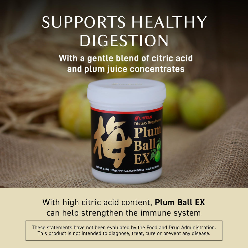 Close-up of Umeken Plum Ball EX label highlighting plum extract.