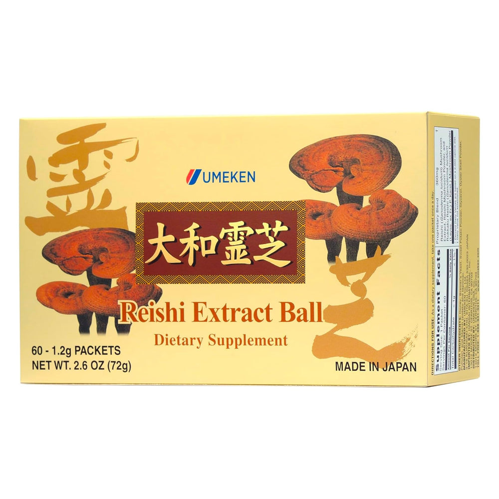 Umeken Reishi extract ball close-up showing convenient daily sachets for easy use.