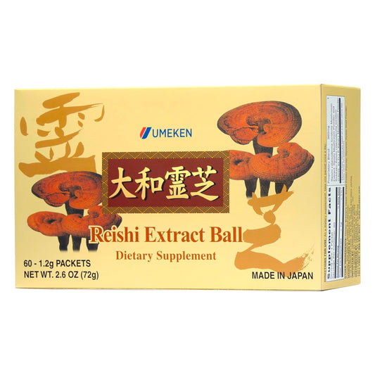 Umeken Reishi extract ball close-up showing convenient daily sachets for easy use.