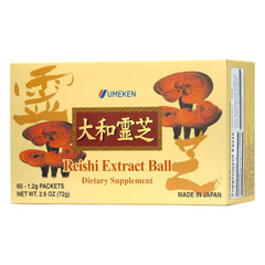 Umeken Reishi extract ball close-up showing convenient daily sachets for easy use.