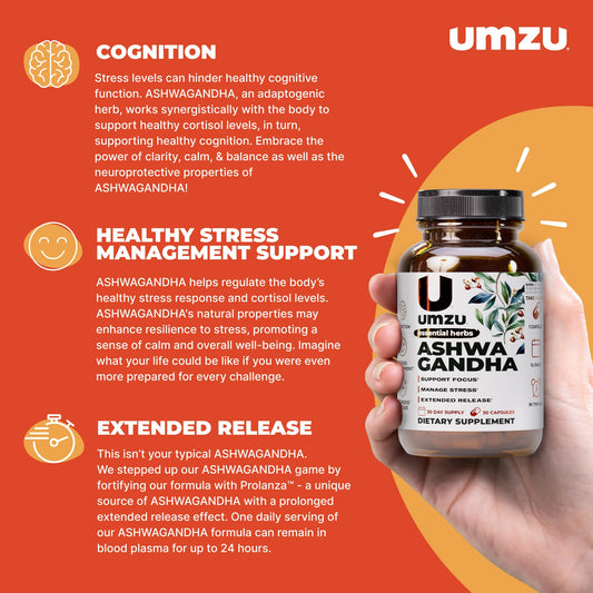 Close-up of UMZU Ashwagandha capsules highlighting extended-release support.