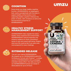 Close-up of UMZU Ashwagandha capsules highlighting extended-release support.
