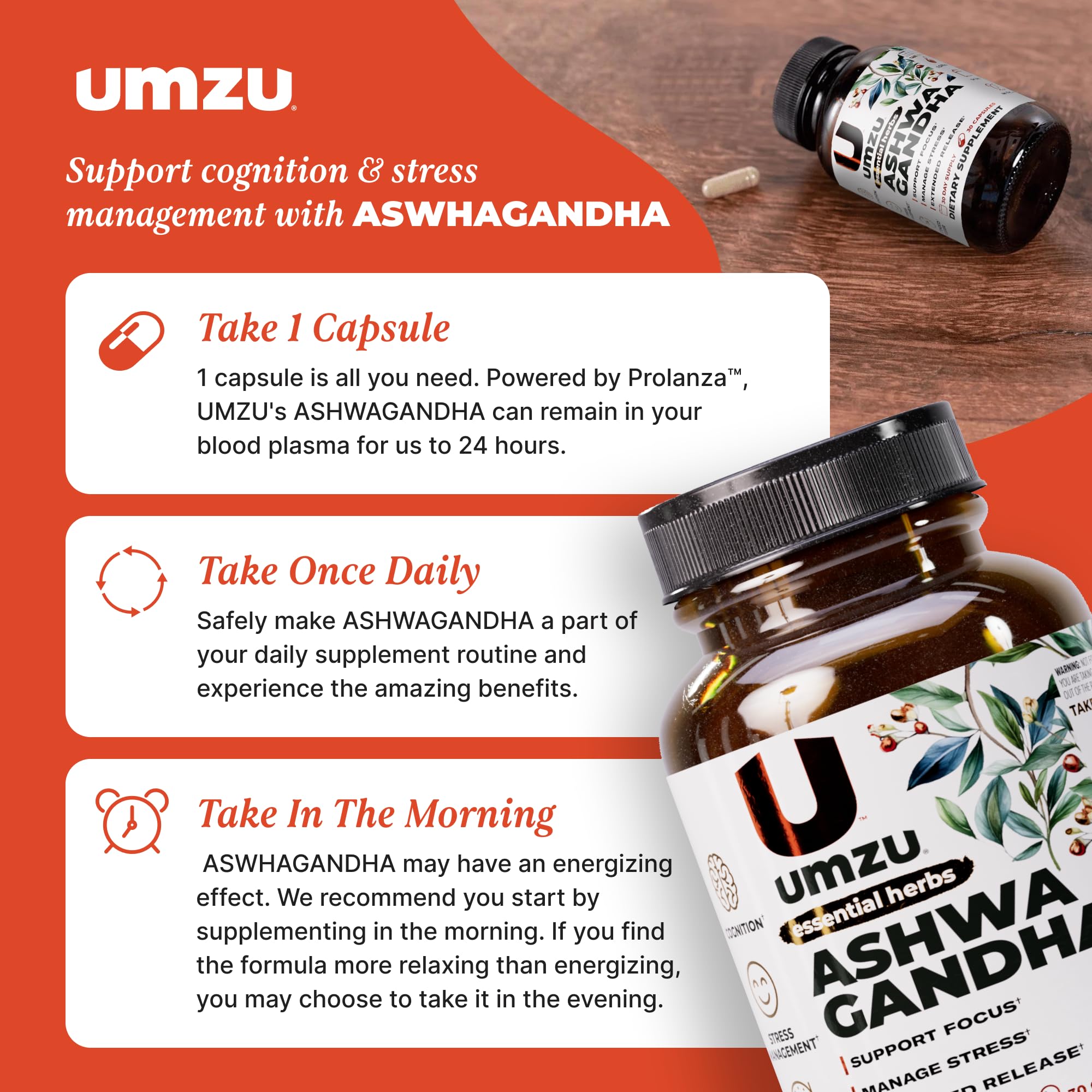 UMZU Ashwagandha capsules in hand ready for daily routine.