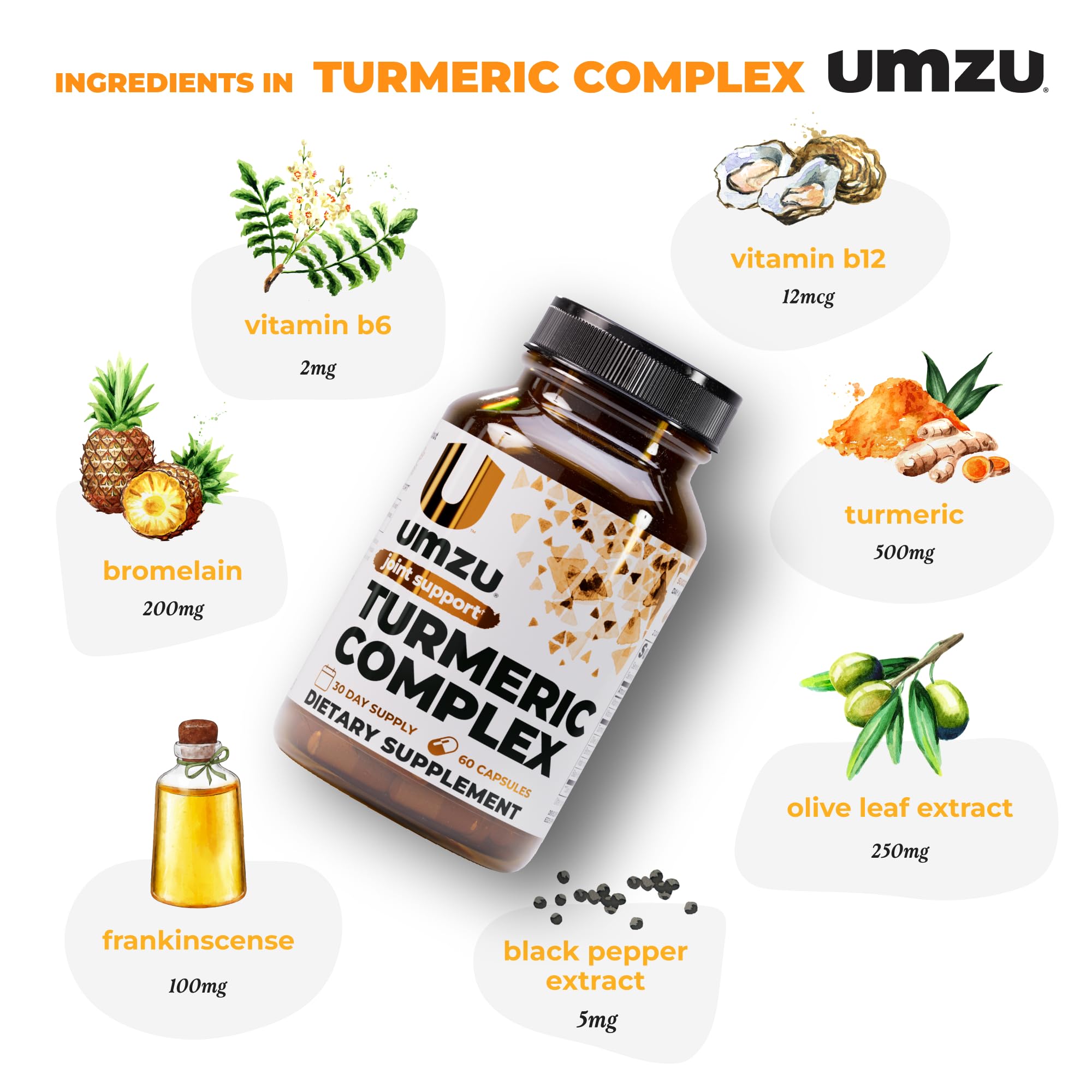 UMZU Bromelain Boswellia blend label highlights anti-inflammatory support.