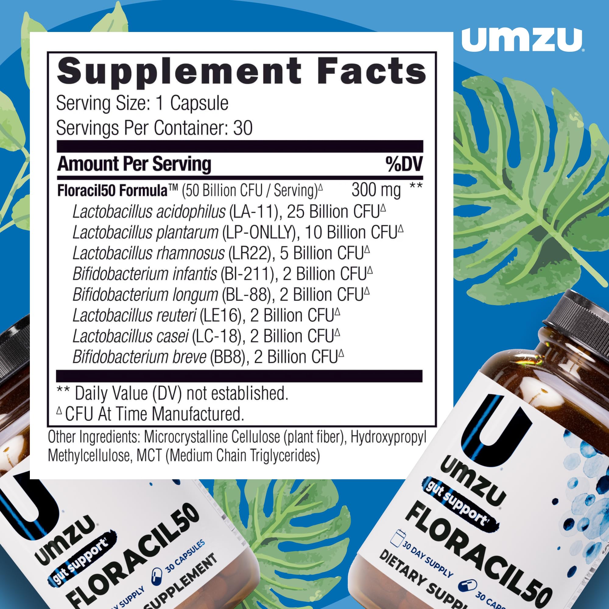 UMZU Floracil50 bottle label closeup emphasizing eight strains