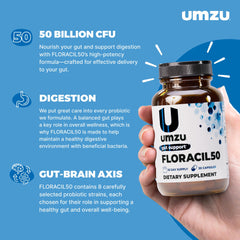 UMZU Floracil50 capsule closeup highlighting 50B CFU potency