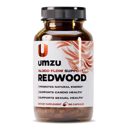 UMZU Redwood bottle front showing nitric oxide support for healthy circulation