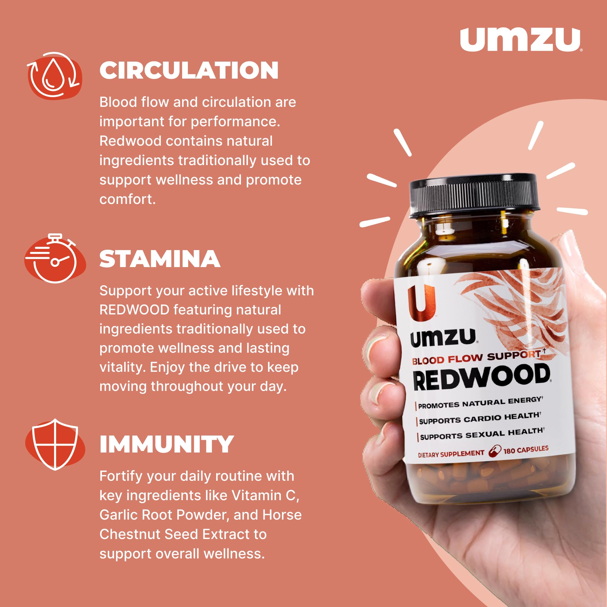 UMZU Redwood bottle label highlighting ingredients for circulation and energy