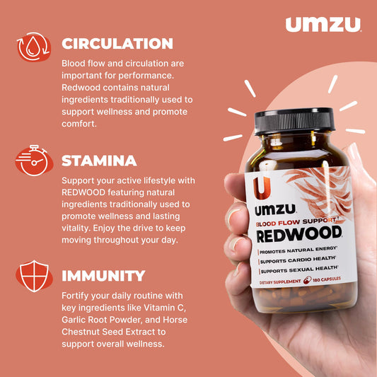 UMZU Redwood bottle label highlighting ingredients for circulation and energy