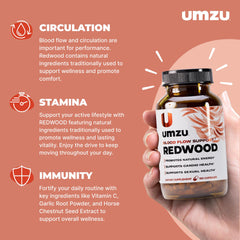 UMZU Redwood bottle label highlighting ingredients for circulation and energy