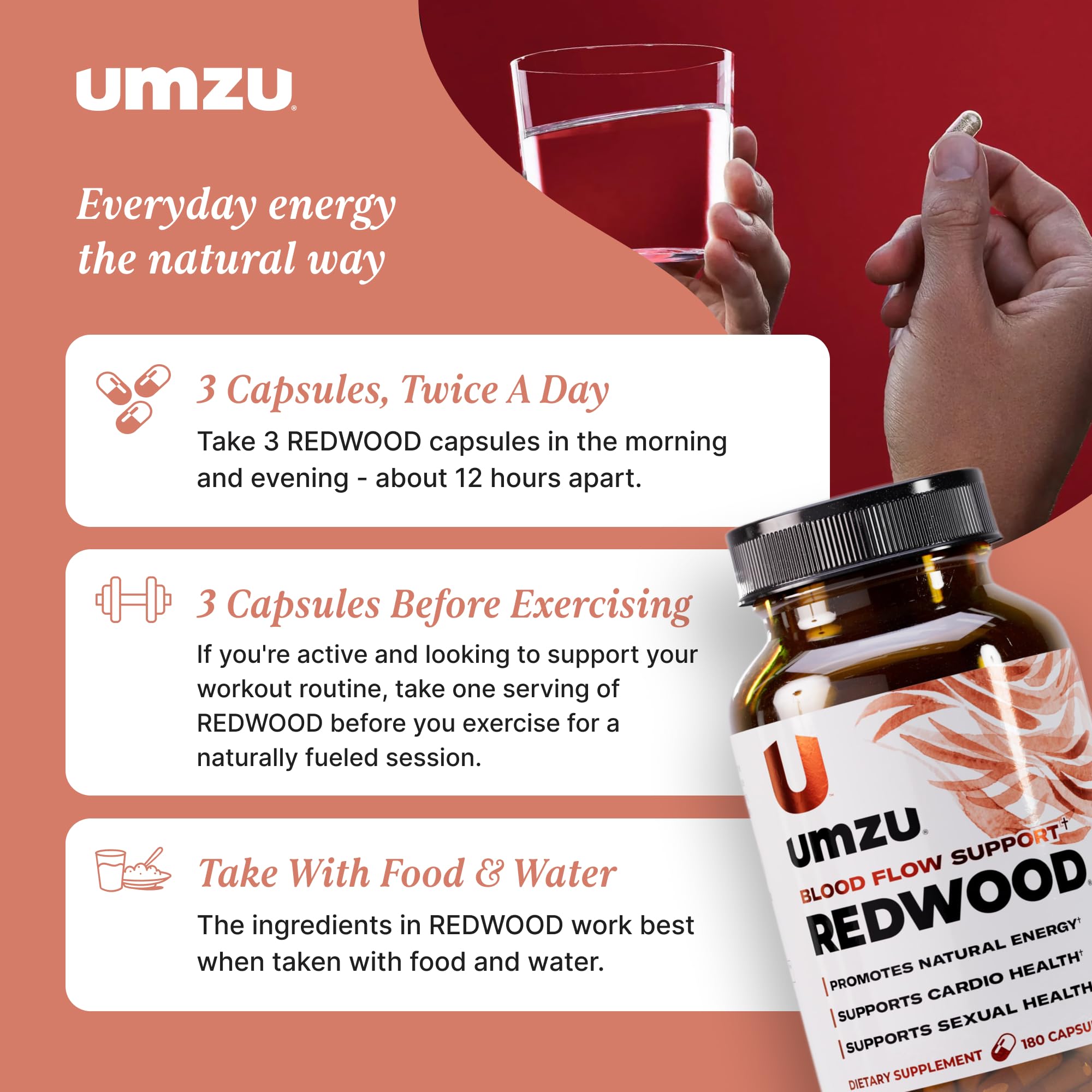 UMZU Redwood bottle pour illustrating daily serving for energy