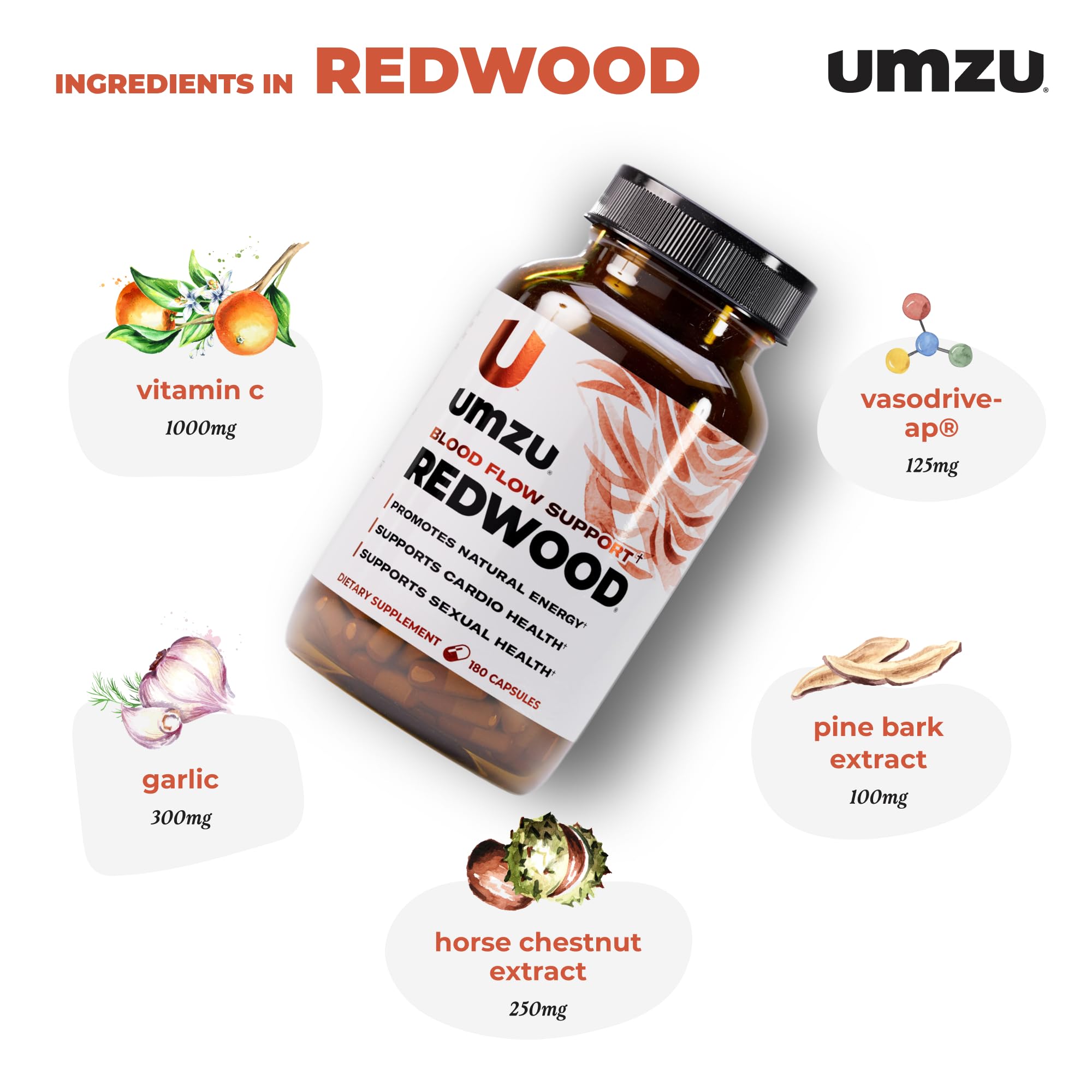 UMZU Redwood ingredients garlic on label for circulation support