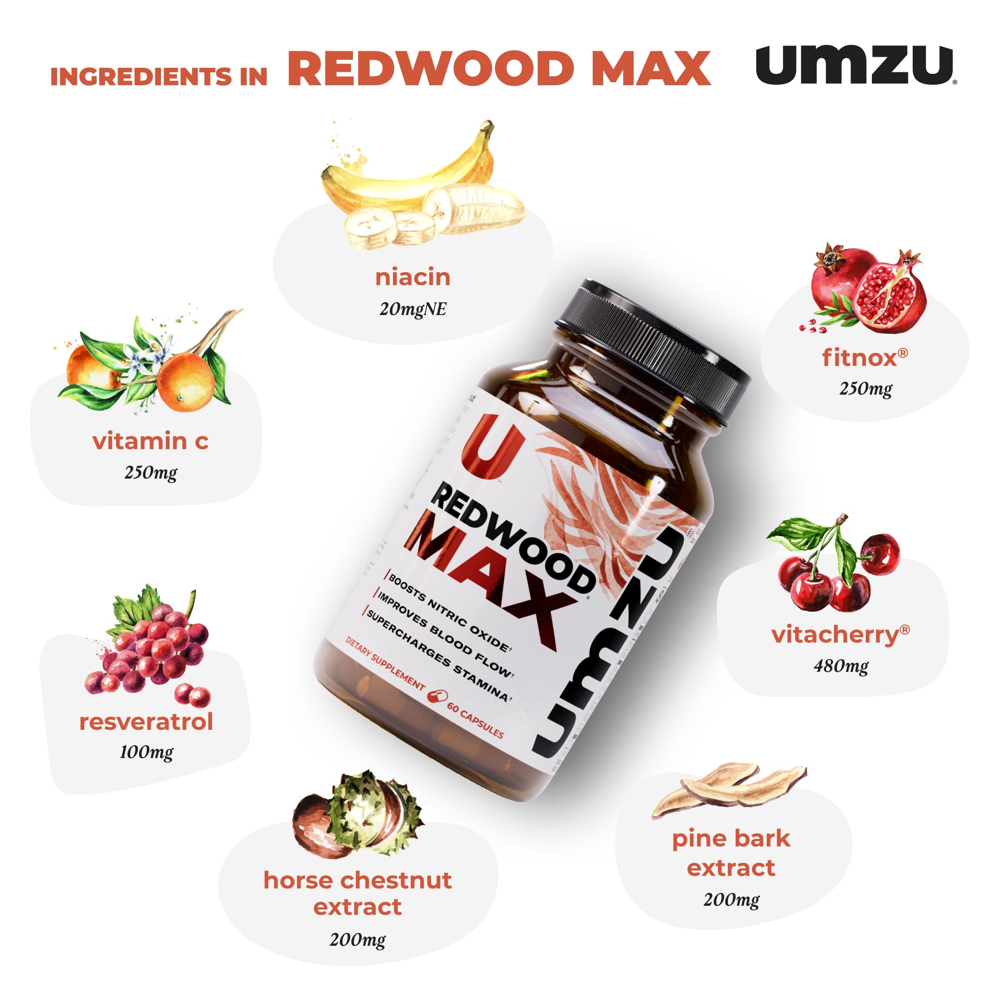 UMZU Redwood Max label close-up emphasizing quality and testing.