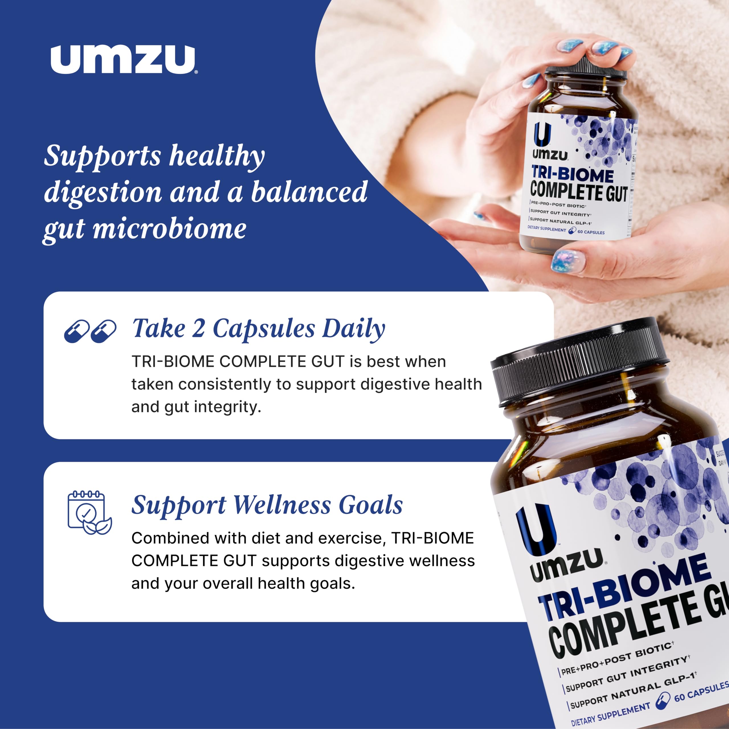 UMZU Tri-Biome Complete Akkermansia graphic conveys gut barrier support concept