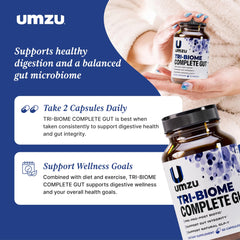 UMZU Tri-Biome Complete Akkermansia graphic conveys gut barrier support concept