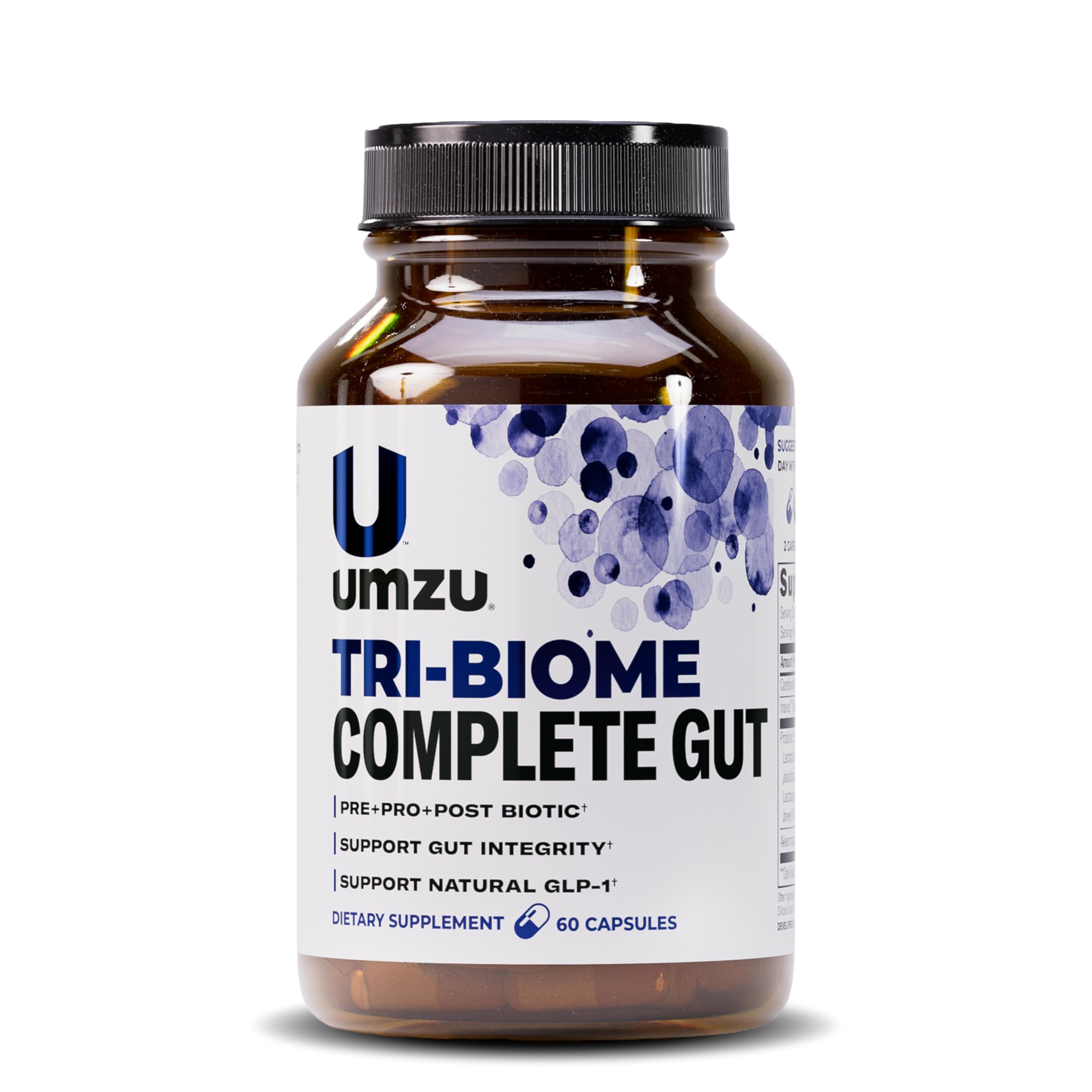 UMZU Tri-Biome Complete bottle shows 3-in-1 formula for daily gut balance