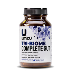 UMZU Tri-Biome Complete bottle shows 3-in-1 formula for daily gut balance
