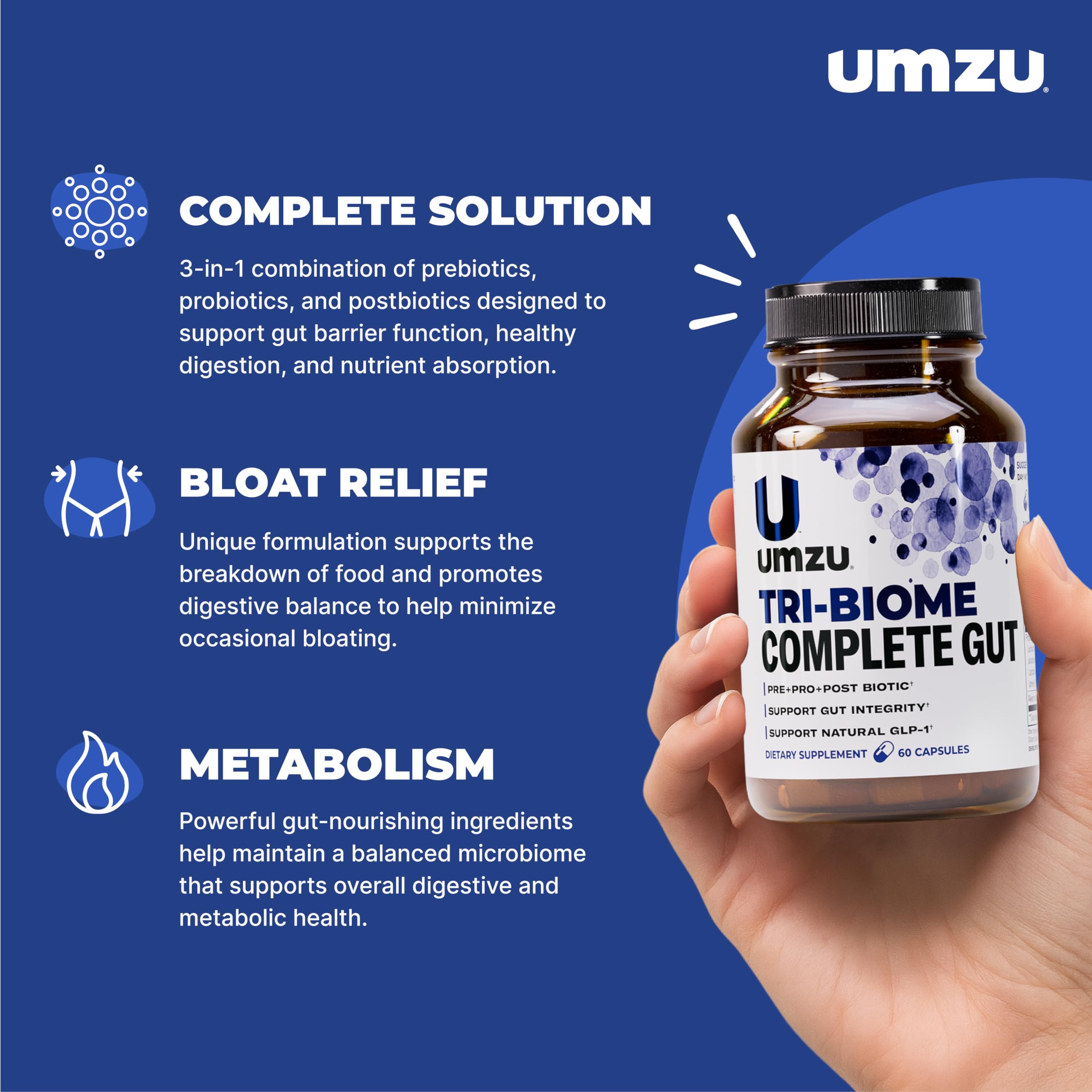UMZU Tri-Biome Complete capsules closeup illustrates an easy daily routine