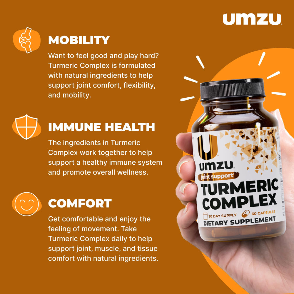 UMZU Turmeric Curcumin capsules for easy daily intake and consistency.