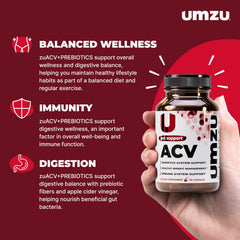 UMZU zuACV capsules poured for convenient daily digestion aid.