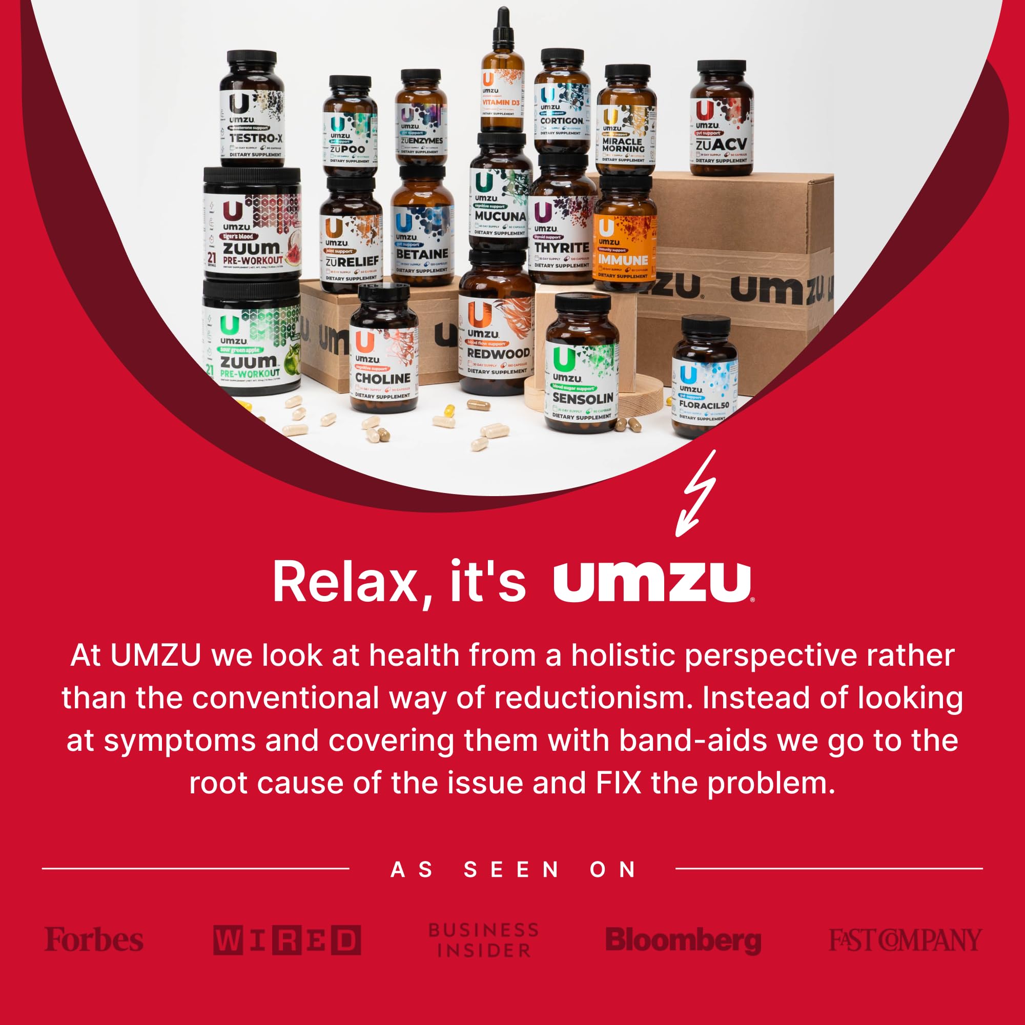 UMZU zuACV daily-use routine layout showing capsules and timer.