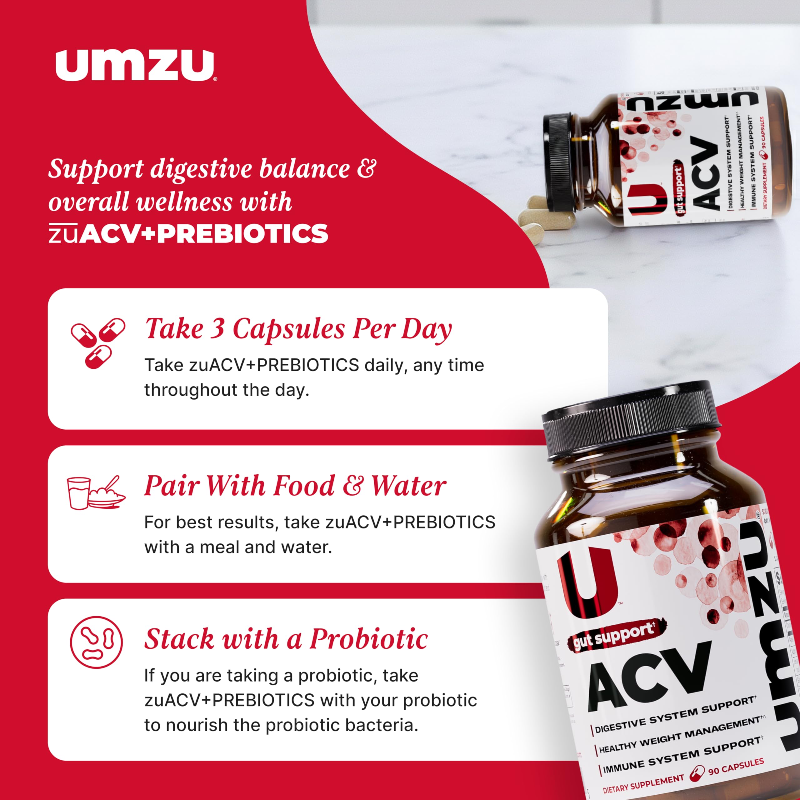 Graphic illustrating UMZU zuACV gut health and balance.