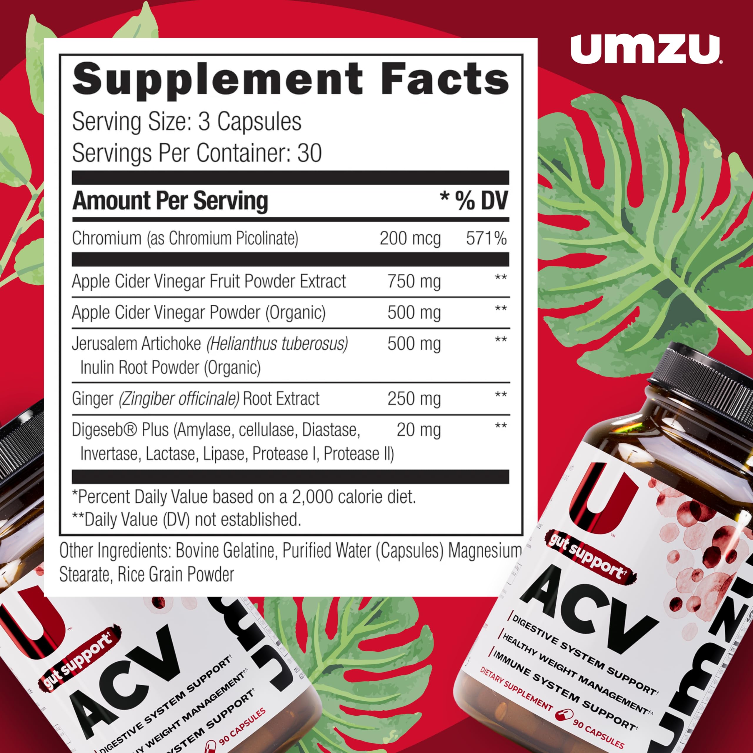 UMZU zuACV bottle label detail with key ingredients.