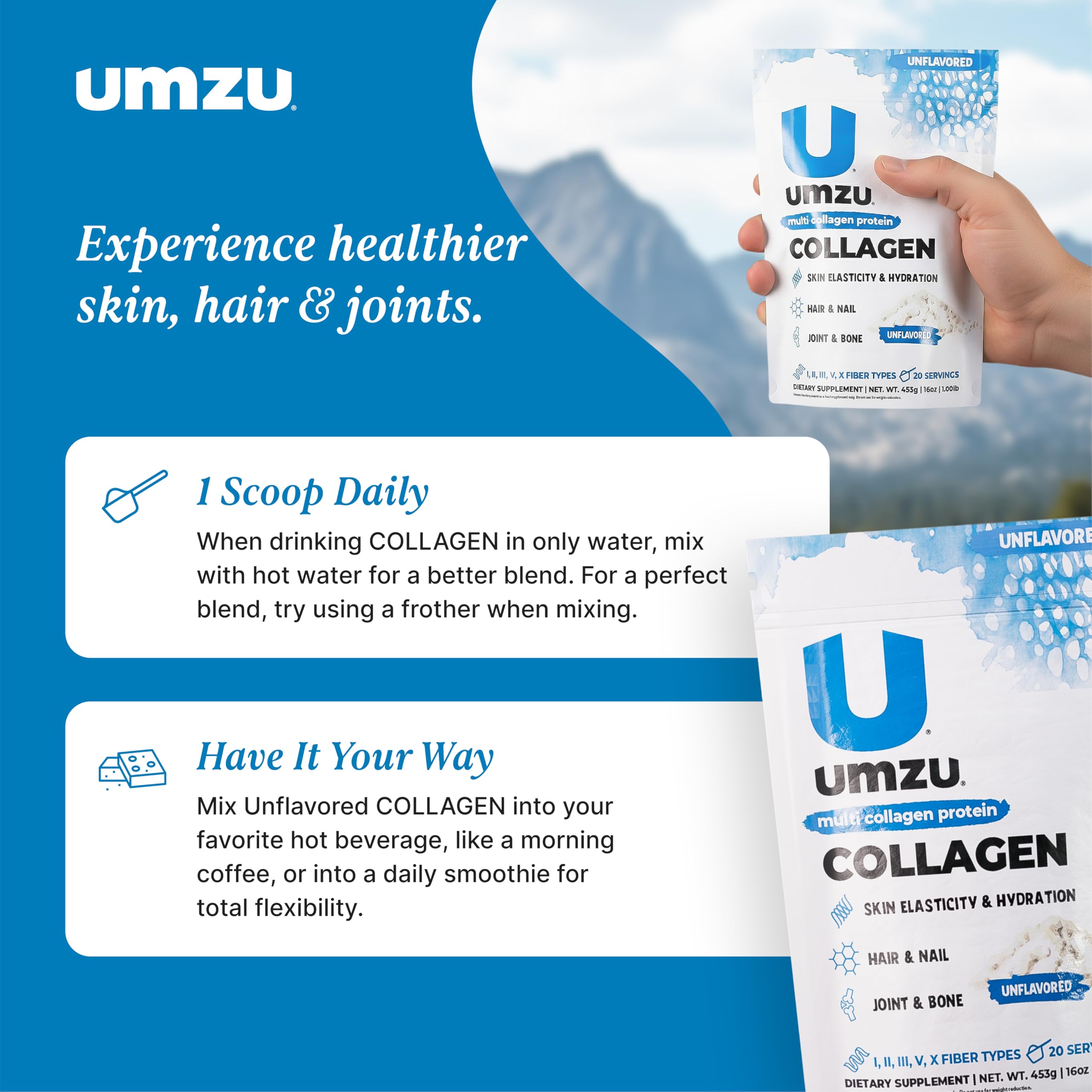 UMZU zuCollagen unflavored powder blends into drinks smoothly.