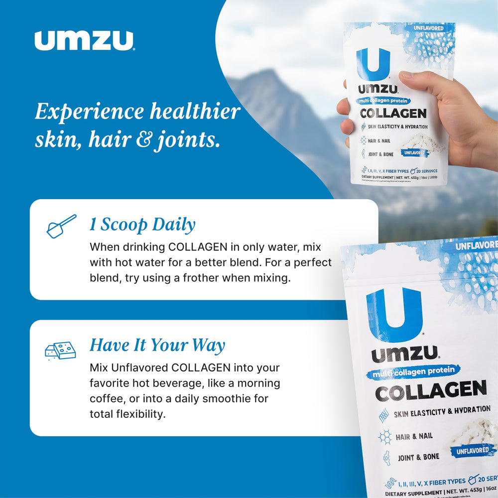 UMZU zuCollagen unflavored powder blends into drinks smoothly.