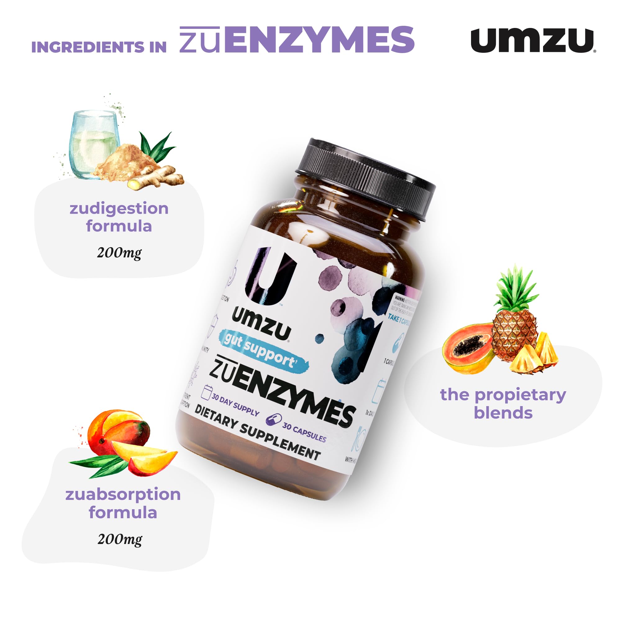 UMZU zuEnzymes bottle back label detailing ingredients and serving directions