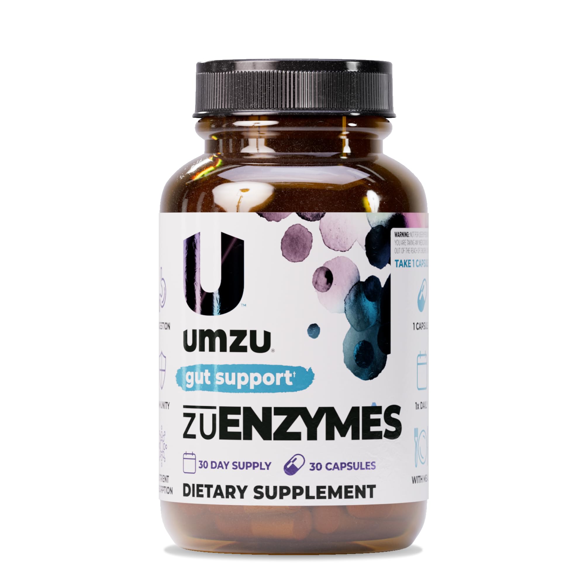 UMZU zuEnzymes bottle front indicating daily digestive support for modern meals
