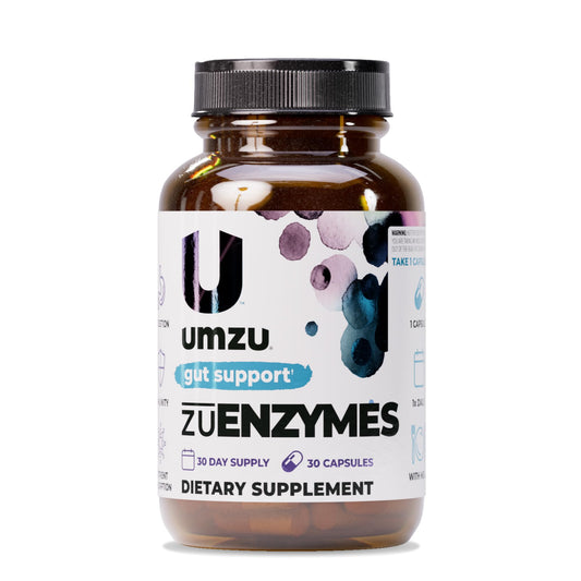 UMZU zuEnzymes bottle front indicating daily digestive support for modern meals