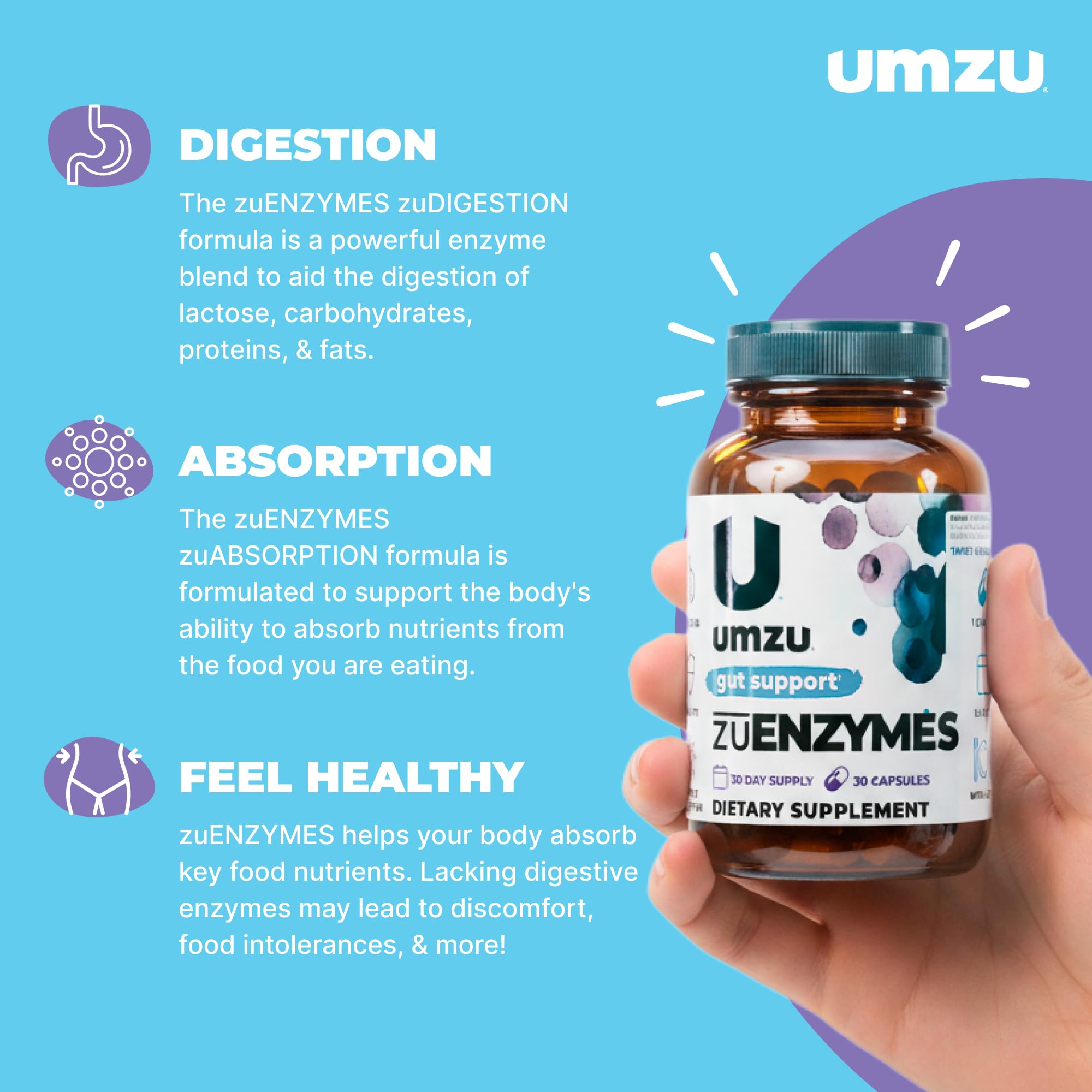 UMZU zuEnzymes capsules closeup showing 21 enzymes for protein and fat digestion