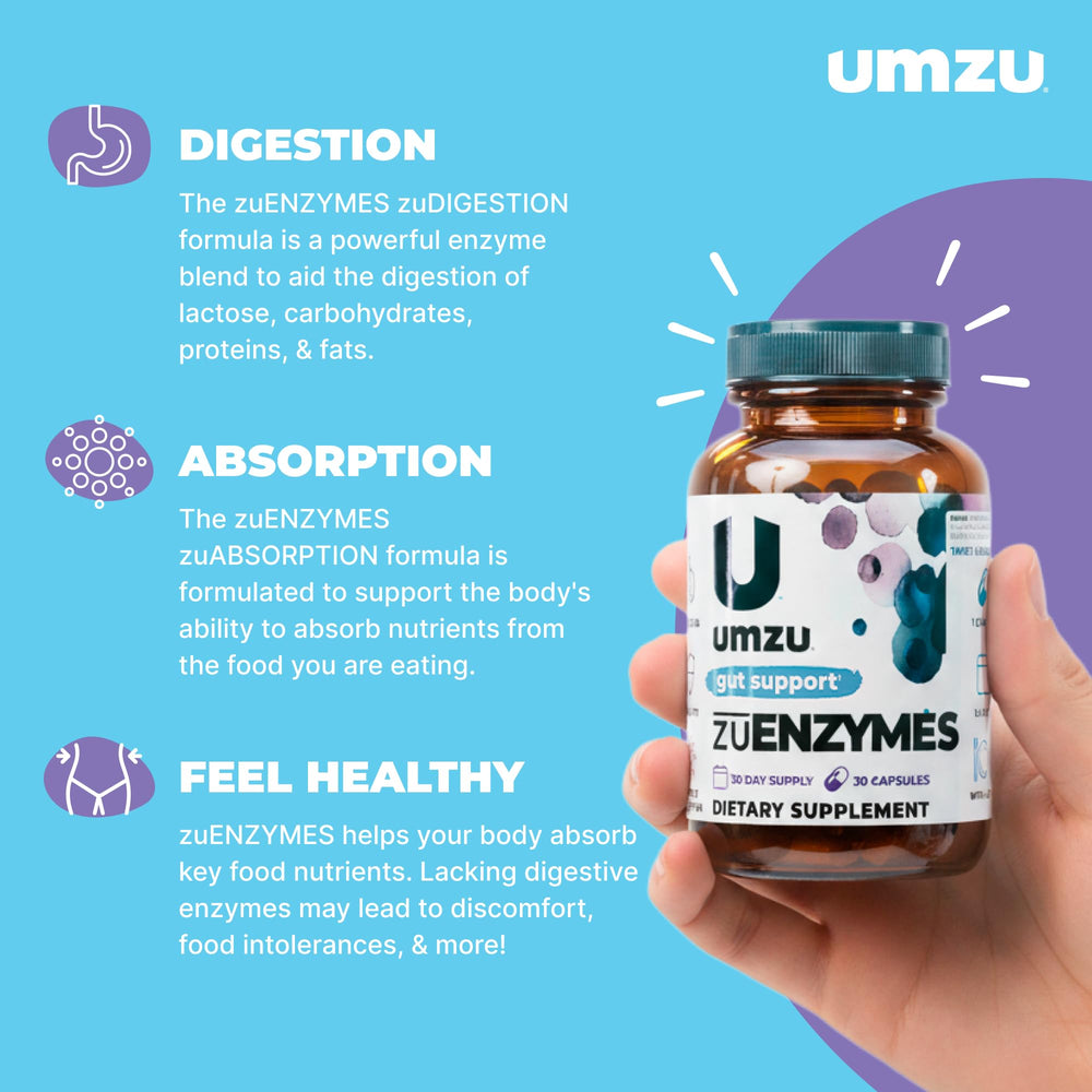 UMZU zuEnzymes capsules closeup showing 21 enzymes for protein and fat digestion