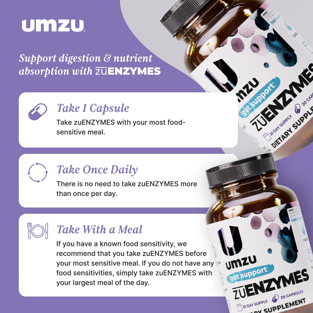 UMZU zuEnzymes ingredients list highlighting lipase, protease, and amylase